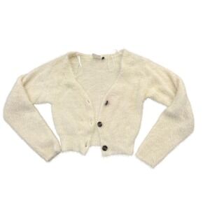 Happy Place Cream Fuzzy Eyelash Knit Cropped Cardigan Sweater Y2K Soft Girl S